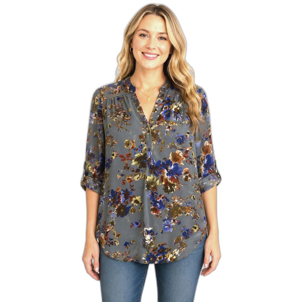 Pleione Sheer Gray Blue Floral Roll Tab Sleeve v Neck Blouse Pocket Size Medium